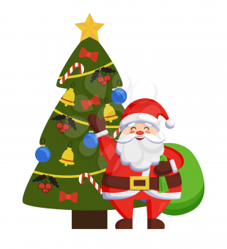 Happy Santa standing with bag near decorated Xmas tree vector illustration poster with Christmas Father and winter holiday symbols isolated on white