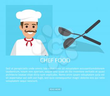 Chef food profession web banner. Smiling man in cook cap cartoon character with crossed ladles flat vector. People occupation illustration for job vacancy, construction company web page