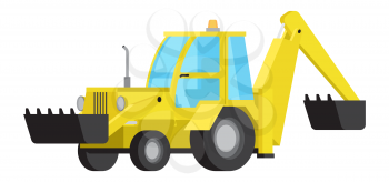 Yellow loader with excavator bucket flat vector isolated on white background. Construction machine for digging, excavation and loading bulk cargo