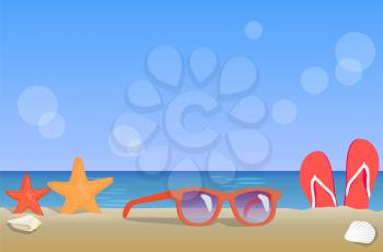 Ocean coast view, summer landscape colorful poster, vector illustration with red sandals and sunglasses, summer beach with cute sea stars and shells
