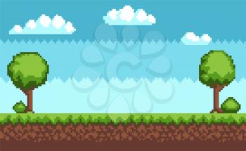 Tree and bush pixel style vector illustration landscape with sky grass and ground. Green plants for 2D game decor, vector tree bush greenery elements