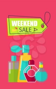 Weekend sale on cosmetics, make up collection, objects used by women, perfumery and fine scents, vector illustration, isolated on pink background