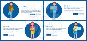 Students web posters online education concept, woman and man with notebook in hands, vector illustration banner advert distance education via internet
