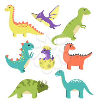 Creatures types of dinosaurs, dinosaurs with spikes, wigs and long tails, egg and small dinosaur vector illustration isolated on white background