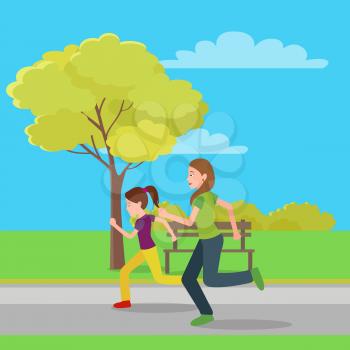 Running mom and daughter, color vector illustration with autumn landscape, active people, two clouds, grey road, brown bench, tree with yellow leaves