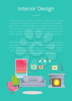 Interior design, stylish living room planning, vector illustration isolated on green backdrop, text sample, cozy sofa and chair, stylish fireplace