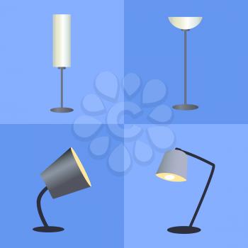 Shining lamps collection, office lamps with adjustable and flexible stand, decor and interior, set vector illustration isolated on blue background