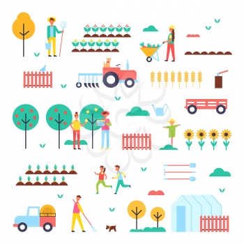 Farm workers, special machines and green plants. Farm themed colorful icons. Trees with ripe fruits and rows of vegetables vector illustrations set.