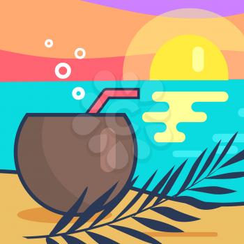 Cocktail and sunset beach, seaside and sunset, reflection on water cocktail poured in coconut, branch of palm and sand isolated on vector illustration