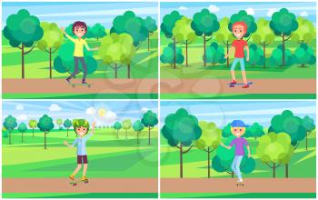 Set of skateboarder training in green summer park with bushes and trees vector, skaters at skatepark, active skateboarders outdoors at workout skate
