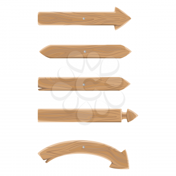 Wooden pointers in shape of arrows set on wall. Pointers with metal nail in middle. Arrows that show directions isolated cartoon vector illustrations.