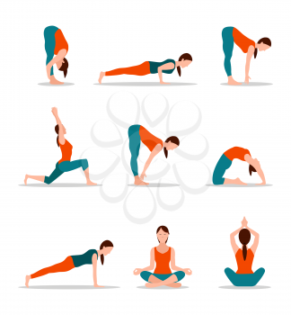Yoga positions collection, woman and set of poses, yoga and different types of activities and exercises, woman and lifestyle, vector illustration