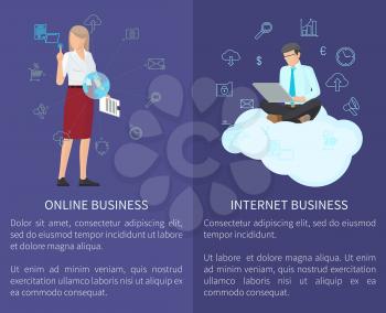 Online business and internet business online service, businessman and businesswoman icons collection vector illustration isolated on purple background