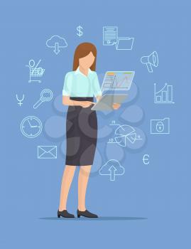 Businesswoman with icons set businesswoman wearing formal suit standig with laptop and icons message and papers vector illustration isolated on blue