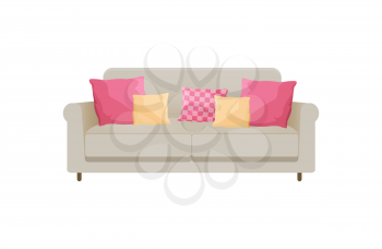 Cozy sofa with many cushions, vector illustration with grey furniture, two sofa stands, pink and beige pillows, square pattern, white background