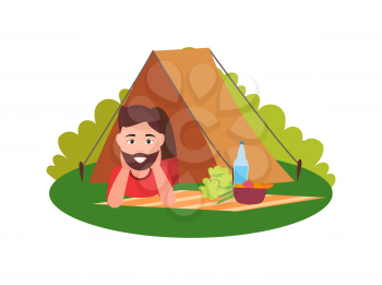 Happy beard man on rest, color vector illustration isolated on white background, brown tent, green bush, bottle of water and bowl with fruits on mat