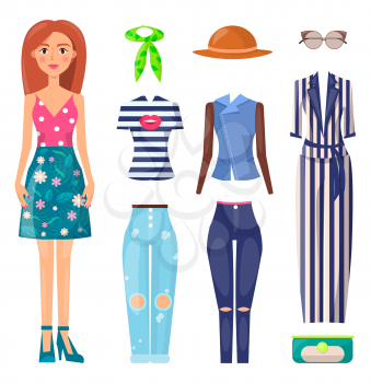Set of mode summer clothing, multicolored poster, cute girl in skirt and shirt with cute pattern, varied pants, mode suit and hat, glasses and handbag