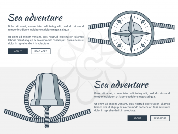 Sea adventure, collection of web pages, images of bell and rope and compass, text sample and headline with buttons, isolated on vector illustration