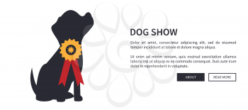 Dog show banner with winner of dogs competition, vector illustration isolated on white backdrop, push buttons and text sample, big yellow medal on pet