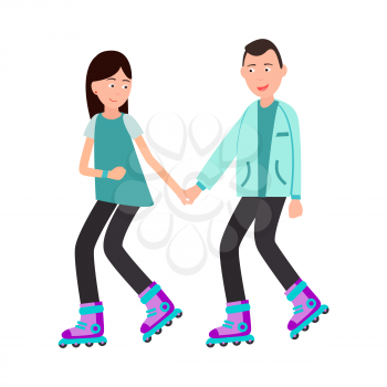 Woman and man roller skating together vector illustration isolated on white background. Parents skate on rollers, spending time together concept
