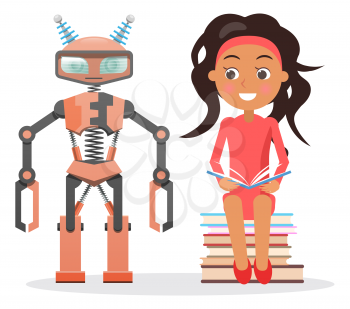 Girl in dress sits on pile of books and reads beside robot with eyes and powerful antennas isolated vector illustration on white background.