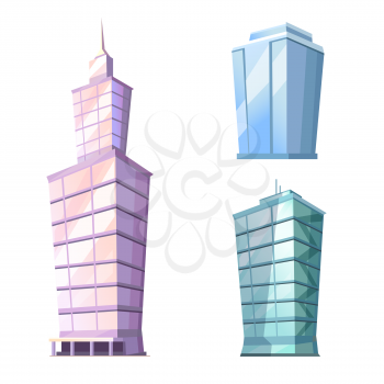 Set of skyscraper glass buildings isolated on white. Traditional attribute of big cities for living and offices. Vector illustration of futuristic modern building with windows gaming app concept