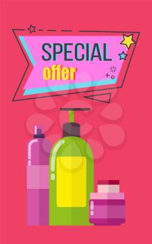 Special offer poster with cosmetics objects, containers and bottles with creams and essences, make up vector illustration isolated on pink background