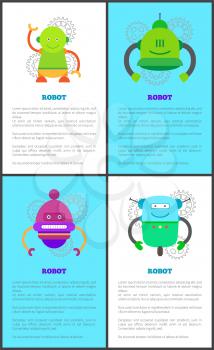 Robot collection of poster with titles and text sample robot of different types, information and images vector illustration isolated on white and blue