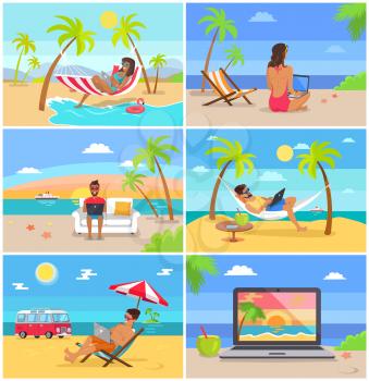 Freelancers in swimwear work in summer at beach set. Men and women sit at beach in comfortable hammocks and wooden deck chairs vector illustrations.