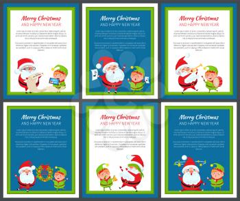 Set of banners with Santa Claus in red suit and pretty elf in green costume vector illustrations isolated on white and blue backgrounds with frames