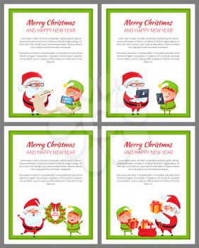 Merry Christmas and happy New Year set of cards with text sample and Santa Claus with elf, frames vector illustration isolated on white backgrounds