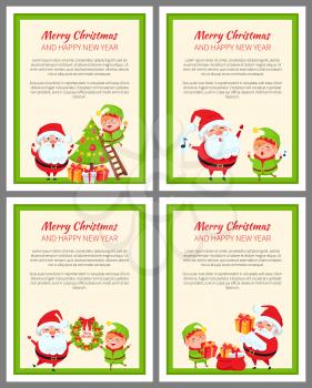 Set of cards with happy Santa and elf that are busy with celebration activities vector illustrations isolated on white backgrounds with green lines