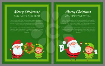 Two merry Christmas banners with Santa Claus and elf that are singing song and playing with wreath, vector illustrations isolated on green backgrounds