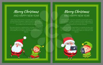 Merry Christmas and Happy New Year posters Santa and Elf riding on sleigh, communicating on digital tablet and smartphone vector cartoon characters