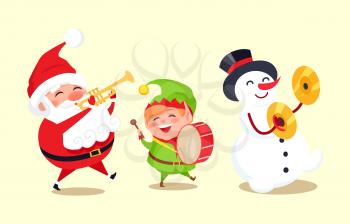 Santa Claus with elf and snowman playing music icons isolated on white background. Vector illustration with ensemble of festive winter characters