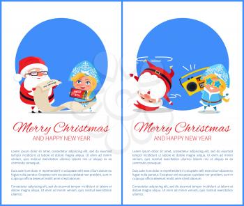 Merry Christmas and Happy New Year posters with Santa and Snow Maiden listening to music, dancing on head, reading wishes on paper scroll vector set