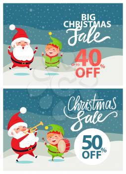 Big Christmas sale banner vector illustration with happy Santa and elf playing musical instrument and having fun, picture isolated on snowy background