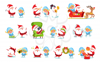 Santa Claus with Snow Maiden set of icons isolated on white. Vector illustration with congratulation from fairy tale winter characters and Christmas tree