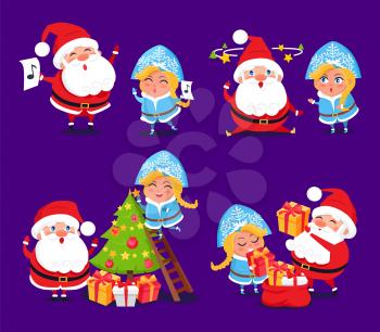 Santa Claus and Snow Maiden preparing for holidays set of icons on purple background. Vector illustration with winter symbols decorating Christmas tree