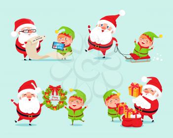 Santa having fun with elf icon isolated on light blue background. Vector illustration with Santa and his cheerful helper with presents with list of gifts