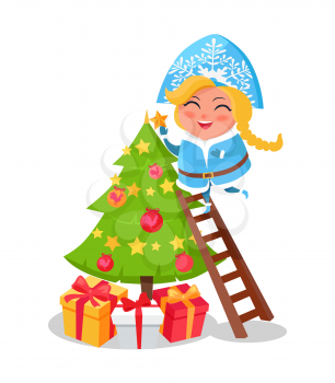 Happy Snow Maiden decorating Christmas tree icon isolated on white. Vector illustration with traditional festive spruce with shiny balls and garlands