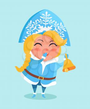 Snow maiden in cute blue warm winter cloth covers mouth by hand cause of laugh and rings in golden bell vector postcard isolated, russian snegurochka