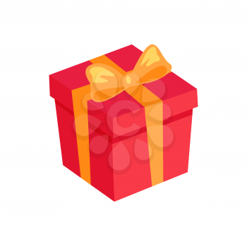 Gift box icon with golden bow and ribbon isolated on white background. Red present package, New Year holiday parcel symbol vector 3D illustration