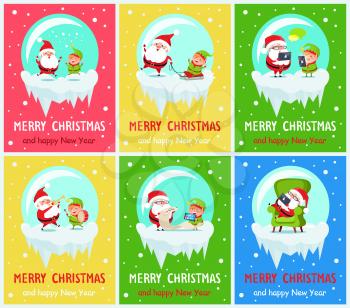 Merry Christmas and happy New Year, Santa and helper jumping, riding on sled, playing trumpet and drums, Claus sleeping, vector illustration