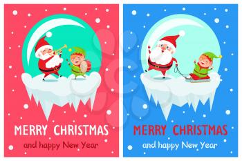 Merry Christmas and happy New Year, Santa and trumpet, elf and drum, Claus and helper, sitting on sledge, snowy weather, vector illustration