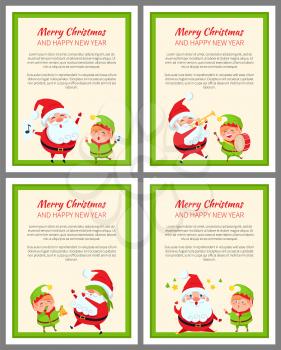 Merry Christmas and happy New Year banners set with Santa Claus and elf, trumpet and drum, icons of trees and stars isolated on vector illustration