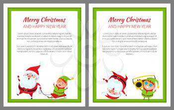 Merry Christmas and happy New Year, poster with text and letterings with frame, Santa Claus and elf listening to music and dancing vector illustration