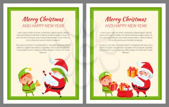 Merry Christmas and happy New Year, elf wearing green costume and Santa Claus dressed in red, presents and bell, with text vector illustration