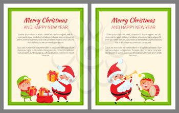 Merry Christmas happy New Year two light poster with smiling Santa and his helper elf. Vector illustration with winter characters on white background