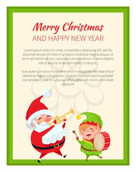 Merry Christmas happy New Year Santa Claus and elf set of two poster on white background. Vector illustration with Santa and his friend in green frame